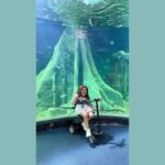 Pequena Lô encosta em pele de cobra durante visita ao maior aquário de água doce do mundo