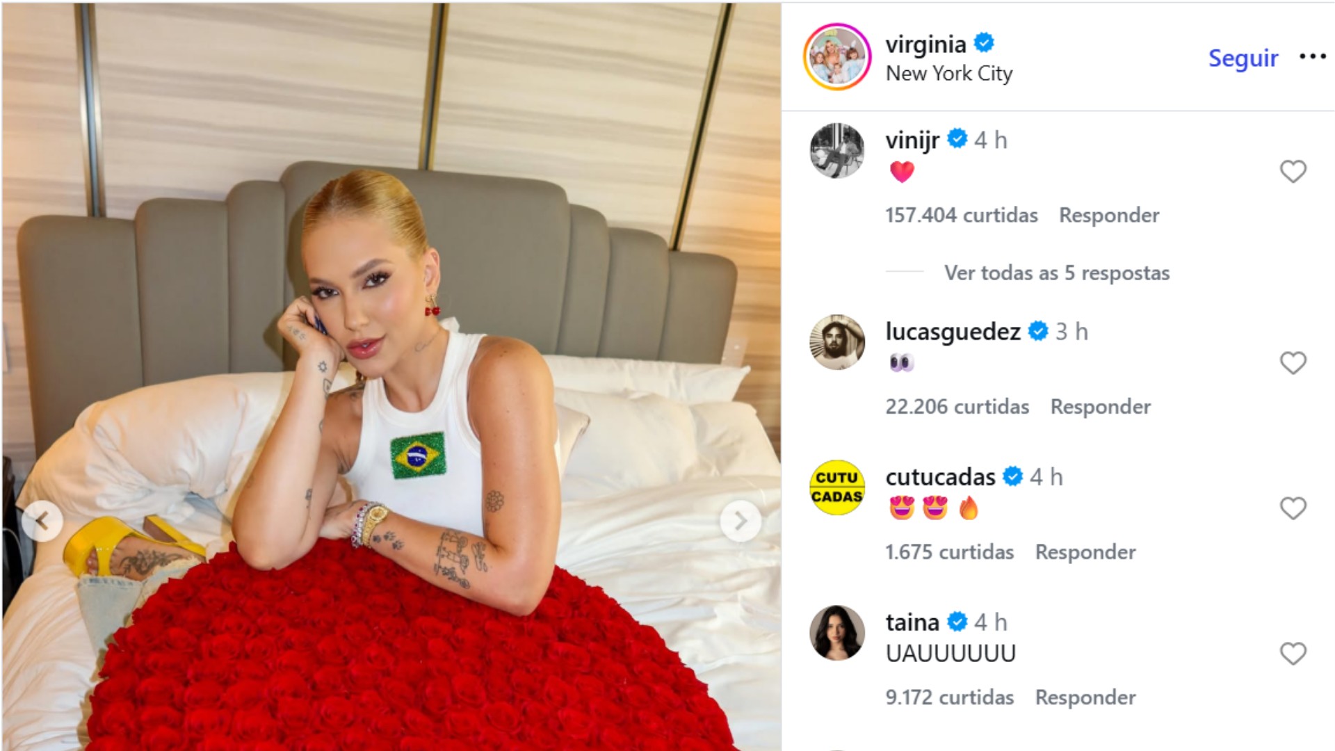 No Dia dos Namorados, Vini Jr. comenta com coração em No Dia dos Namorados, Vini Jr. comenta com coração em post de Virginia com buquê
